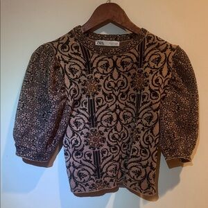Zara Black and Brown Floral Puff Sleeve Top